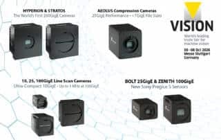 Event details for the VISION Stuttgart 2026 trade fair, which will feature the introduction of 200GigE cameras, H.265 compression cameras and new 10, 25, and 100GigE area scan and line scan cameras